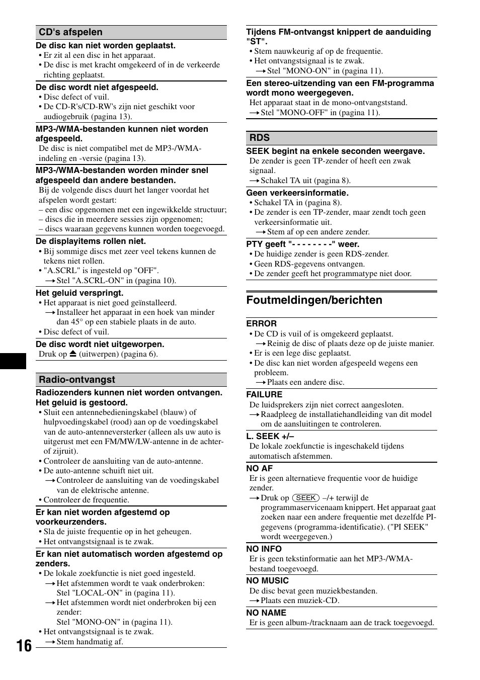 Foutmeldingen/berichten | Sony CDX-GT215C User Manual | Page 86 / 88