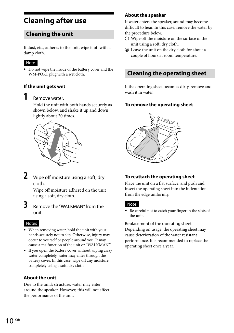 Cleaning after use, Cleaning the unit, Cleaning the operating sheet | Sony RDP-NWR100 User Manual | Page 10 / 156