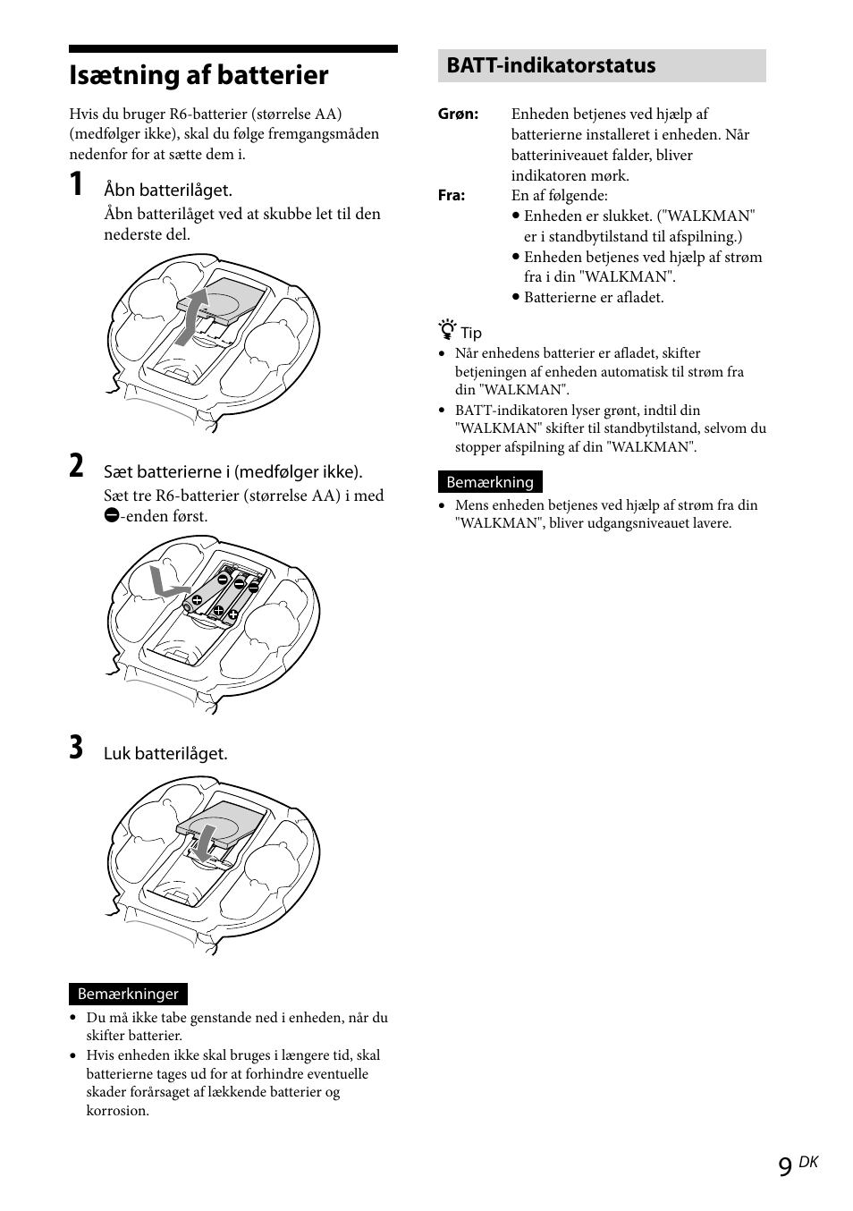 Isætning af batterier, Batt-indikatorstatus | Sony RDP-NWR100 User Manual | Page 105 / 156