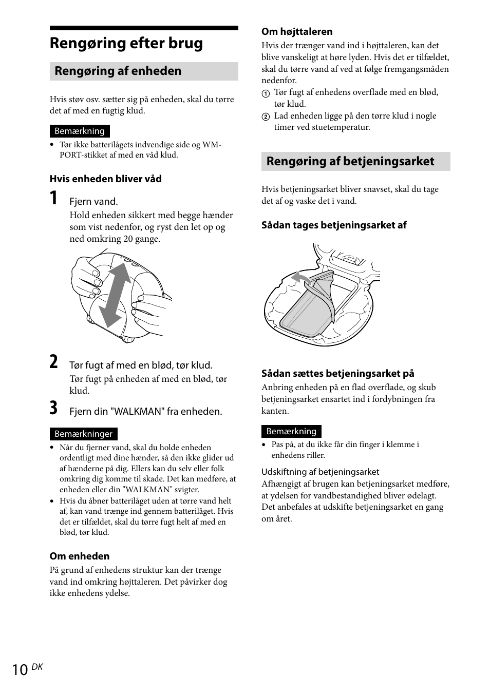 Rengøring efter brug, Rengøring af enheden, Rengøring af betjeningsarket | Sony RDP-NWR100 User Manual | Page 106 / 156