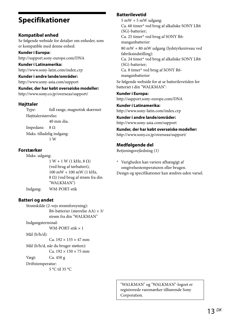 Specifikationer | Sony RDP-NWR100 User Manual | Page 109 / 156