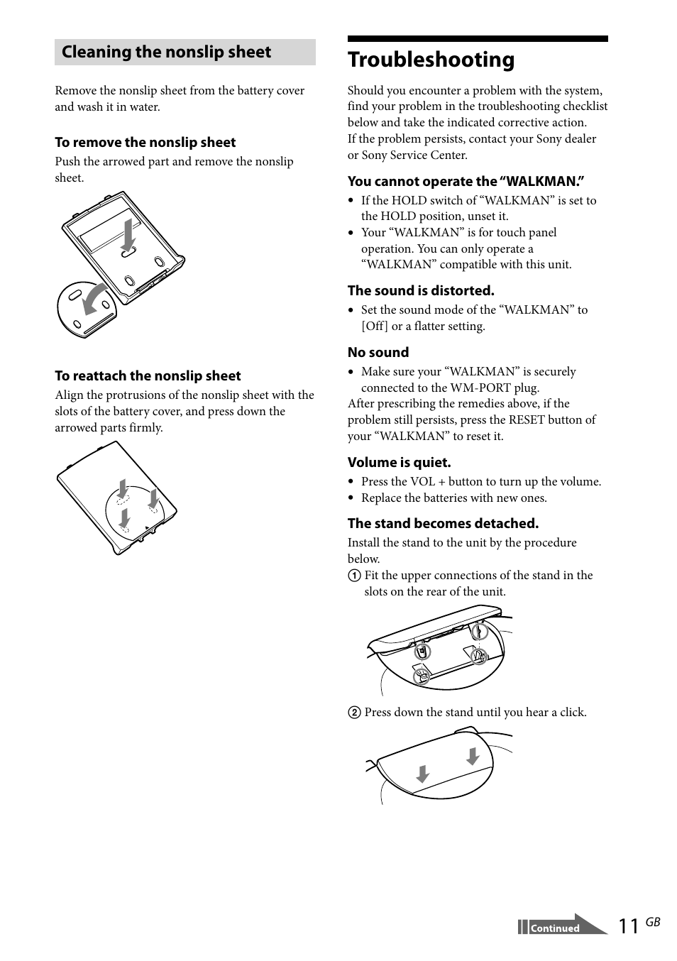 Troubleshooting, Cleaning the nonslip sheet | Sony RDP-NWR100 User Manual | Page 11 / 156