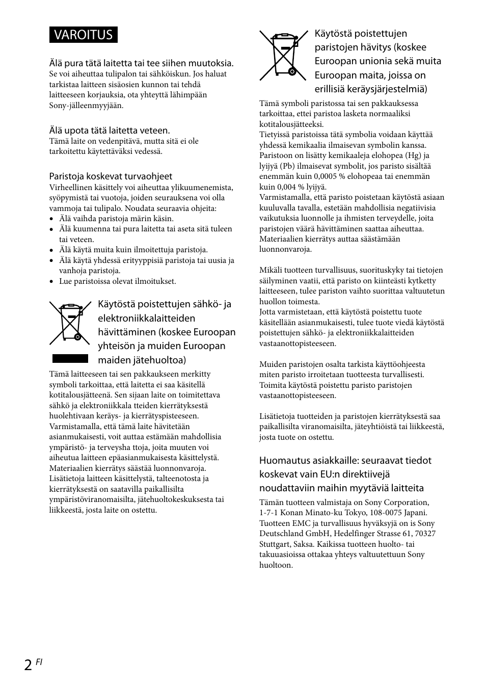 Varoitus | Sony RDP-NWR100 User Manual | Page 110 / 156