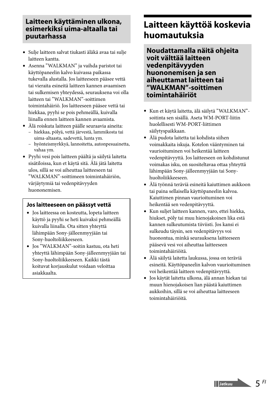 Laitteen käyttöä koskevia huomautuksia | Sony RDP-NWR100 User Manual | Page 113 / 156