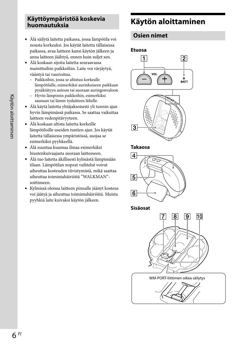 Käytön aloittaminen, Käyttöympäristöä koskevia huomautuksia, Osien nimet | Sony RDP-NWR100 User Manual | Page 114 / 156