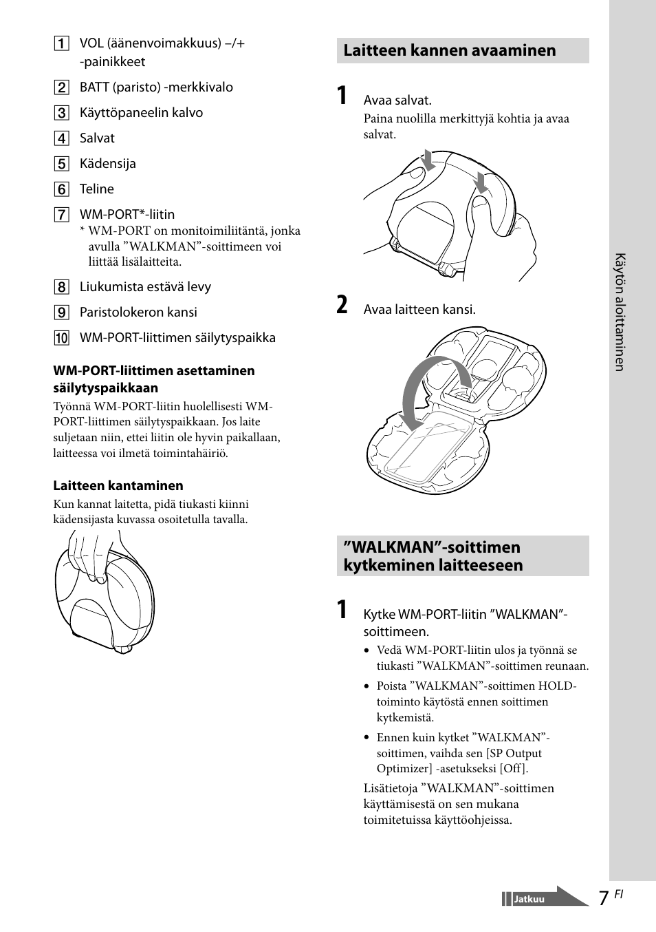 Laitteen kannen avaaminen, Walkman”-soittimen kytkeminen laitteeseen | Sony RDP-NWR100 User Manual | Page 115 / 156