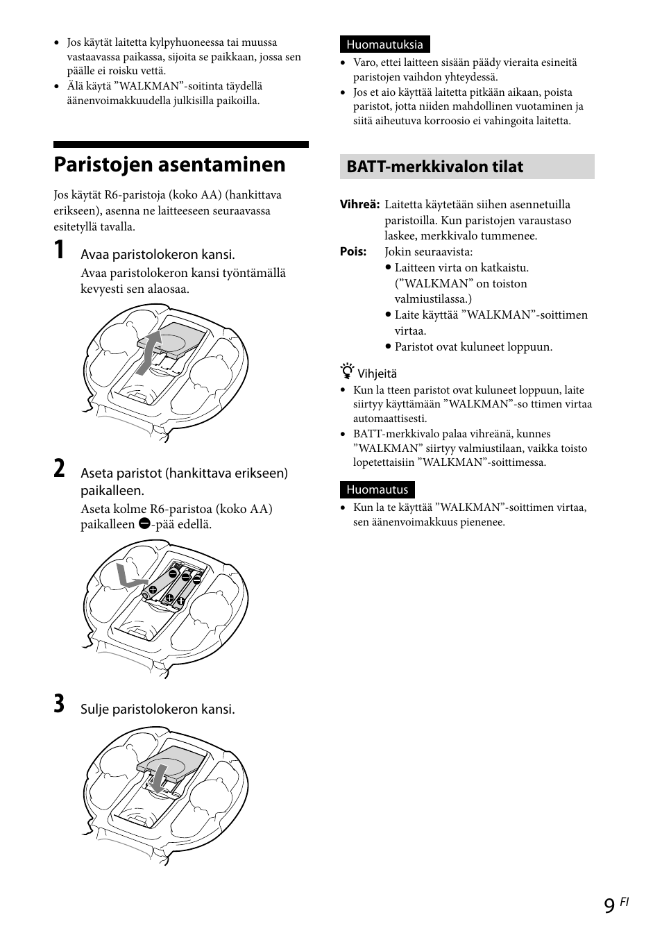 Paristojen asentaminen, Batt-merkkivalon tilat | Sony RDP-NWR100 User Manual | Page 117 / 156