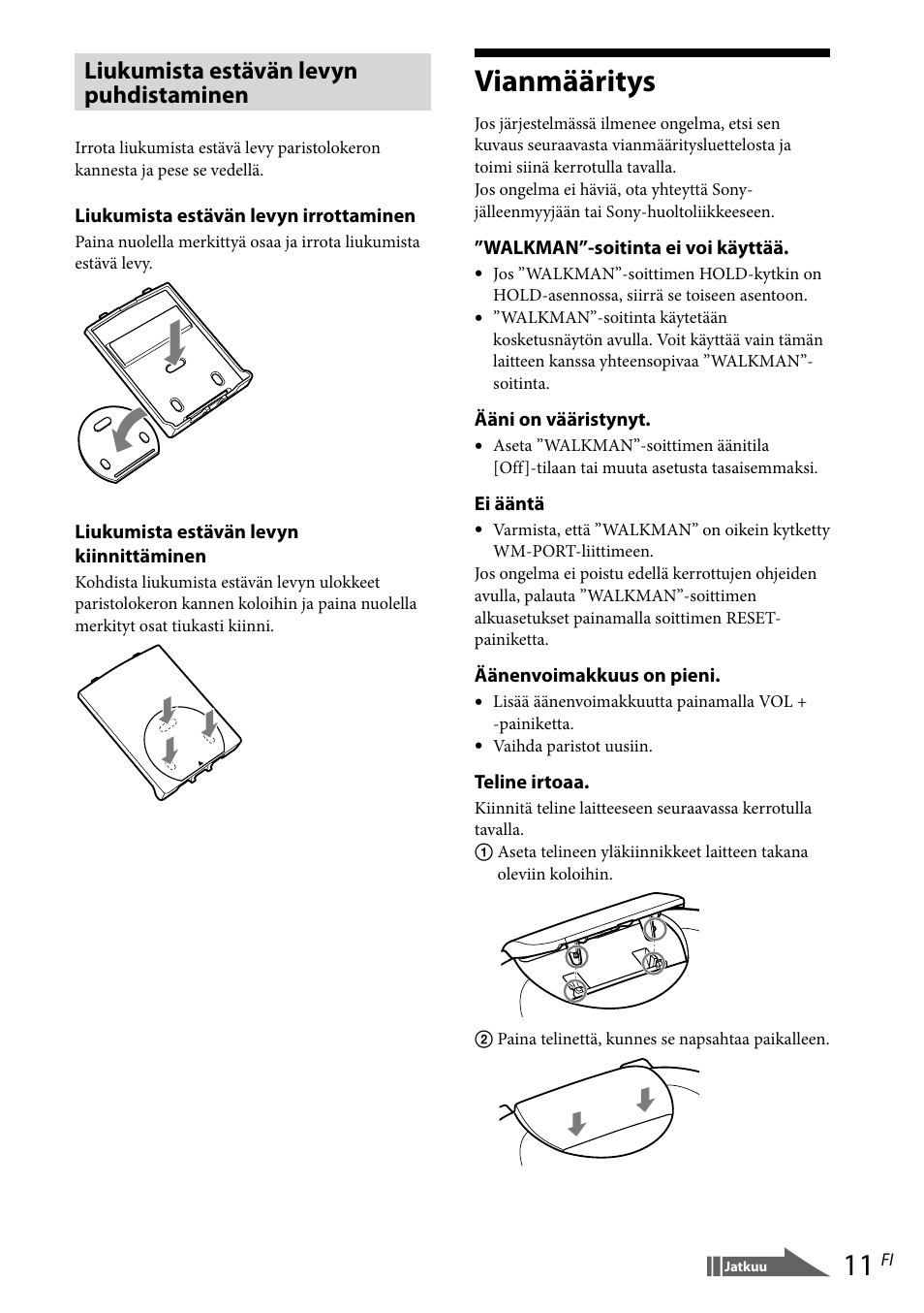 Vianmääritys, Liukumista estävän levyn puhdistaminen | Sony RDP-NWR100 User Manual | Page 119 / 156