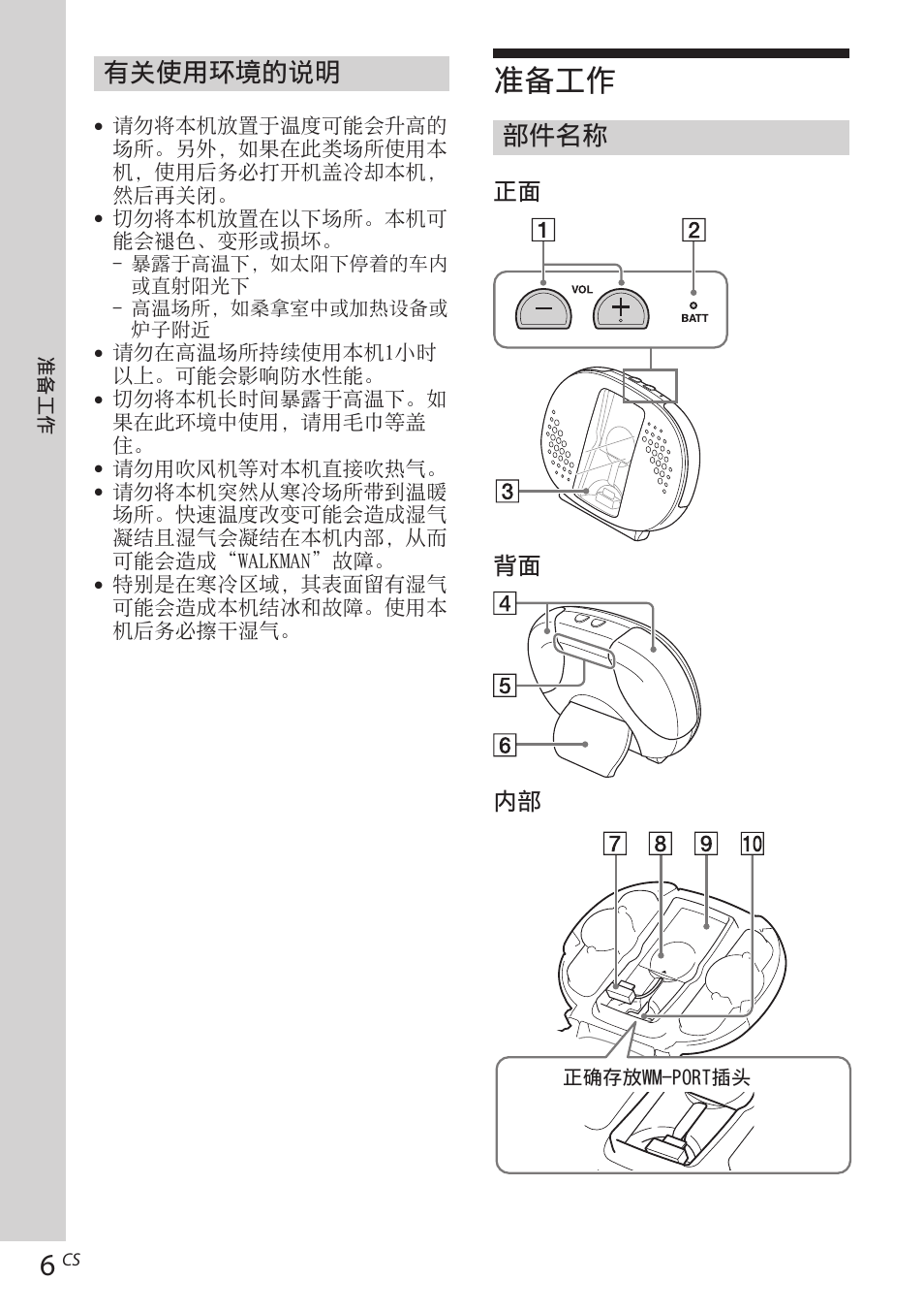 准备工作, 有关使用环境的说明, 部件名称 | Sony RDP-NWR100 User Manual | Page 126 / 156