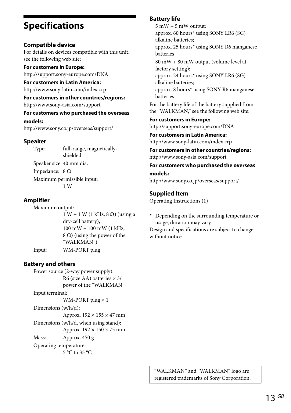 Specifications | Sony RDP-NWR100 User Manual | Page 13 / 156