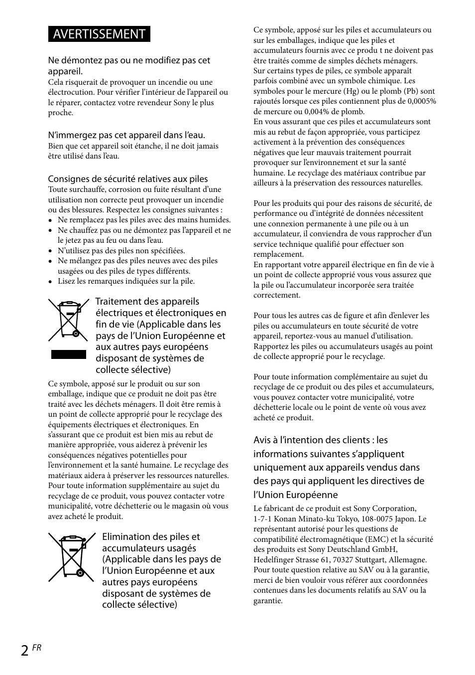 Avertissement | Sony RDP-NWR100 User Manual | Page 14 / 156