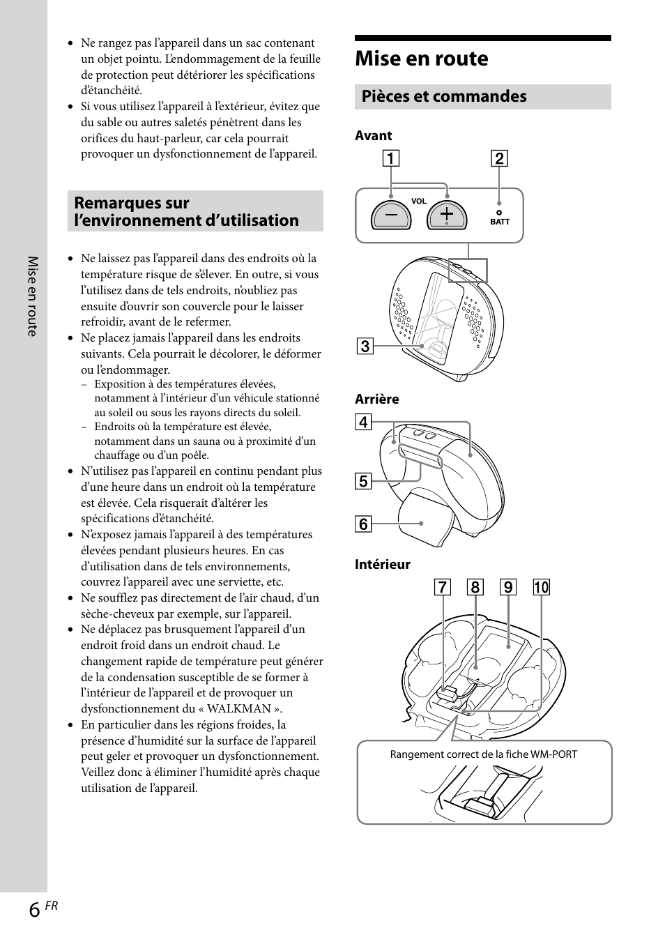 Mise en route, Remarques sur l’environnement d’utilisation, Pièces et commandes | Sony RDP-NWR100 User Manual | Page 18 / 156
