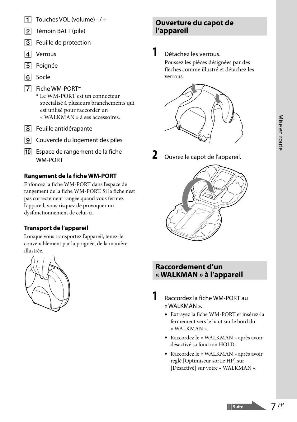 Ouverture du capot de l’appareil, Raccordement d’un « walkman » à l’appareil | Sony RDP-NWR100 User Manual | Page 19 / 156