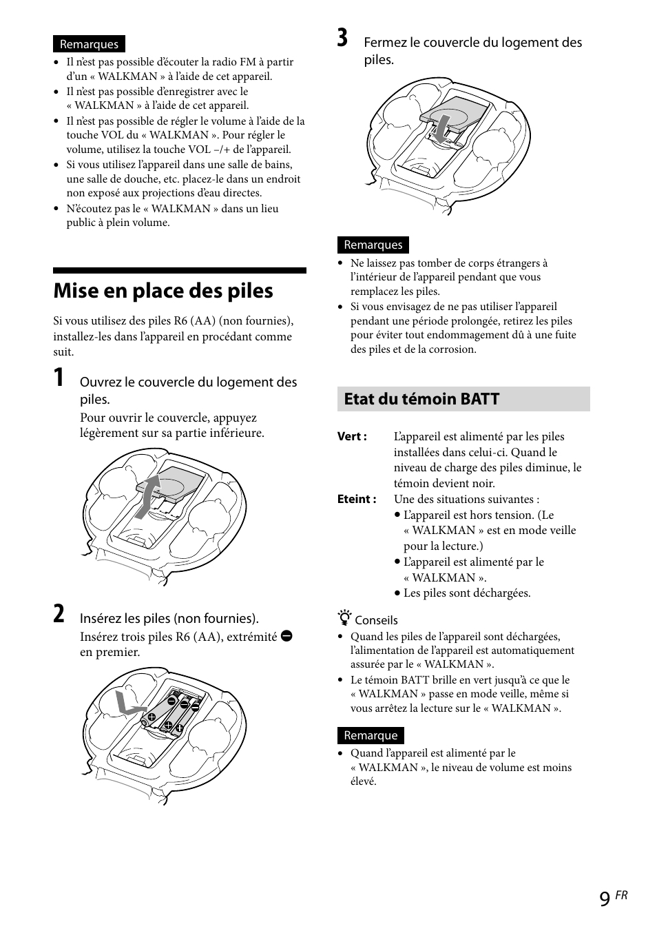 Mise en place des piles, Etat du témoin batt | Sony RDP-NWR100 User Manual | Page 21 / 156