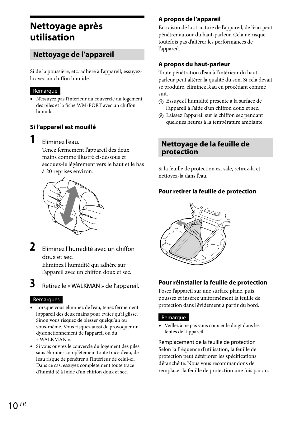 Nettoyage après utilisation, Nettoyage de l’appareil, Nettoyage de la feuille de protection | Sony RDP-NWR100 User Manual | Page 22 / 156