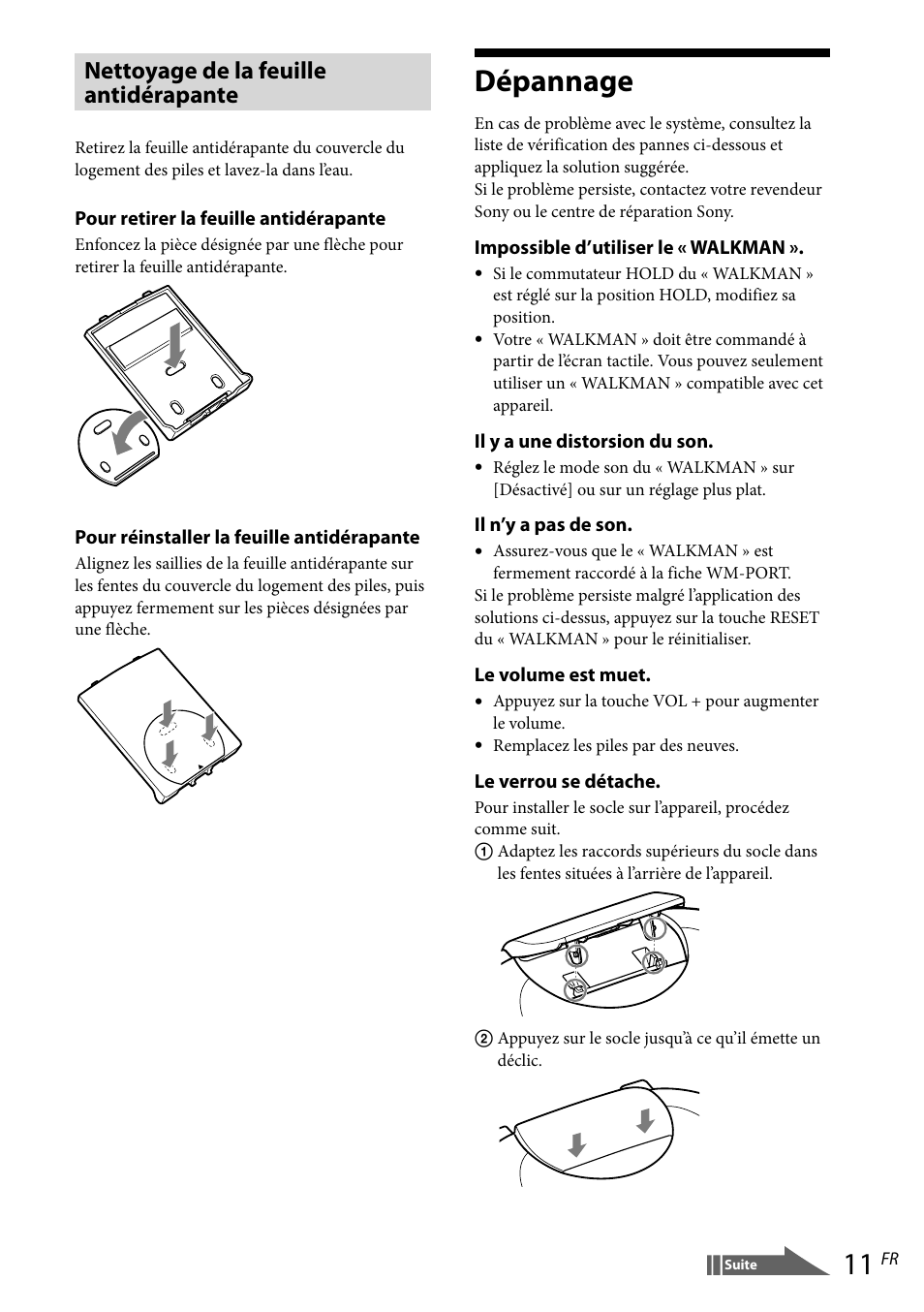 Dépannage, Nettoyage de la feuille antidérapante | Sony RDP-NWR100 User Manual | Page 23 / 156