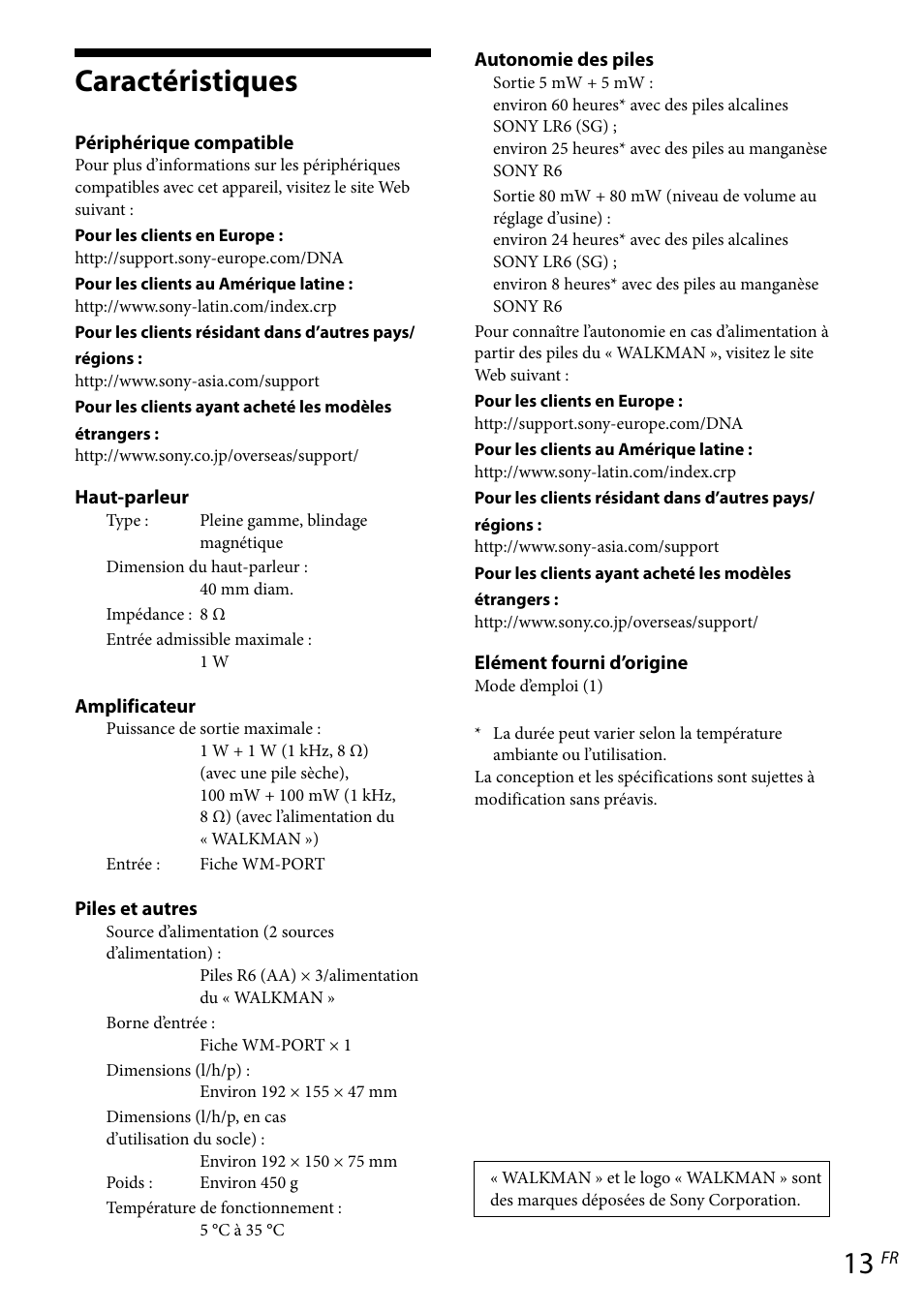 Caractéristiques | Sony RDP-NWR100 User Manual | Page 25 / 156