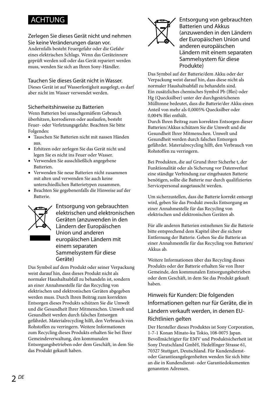 Achtung | Sony RDP-NWR100 User Manual | Page 26 / 156