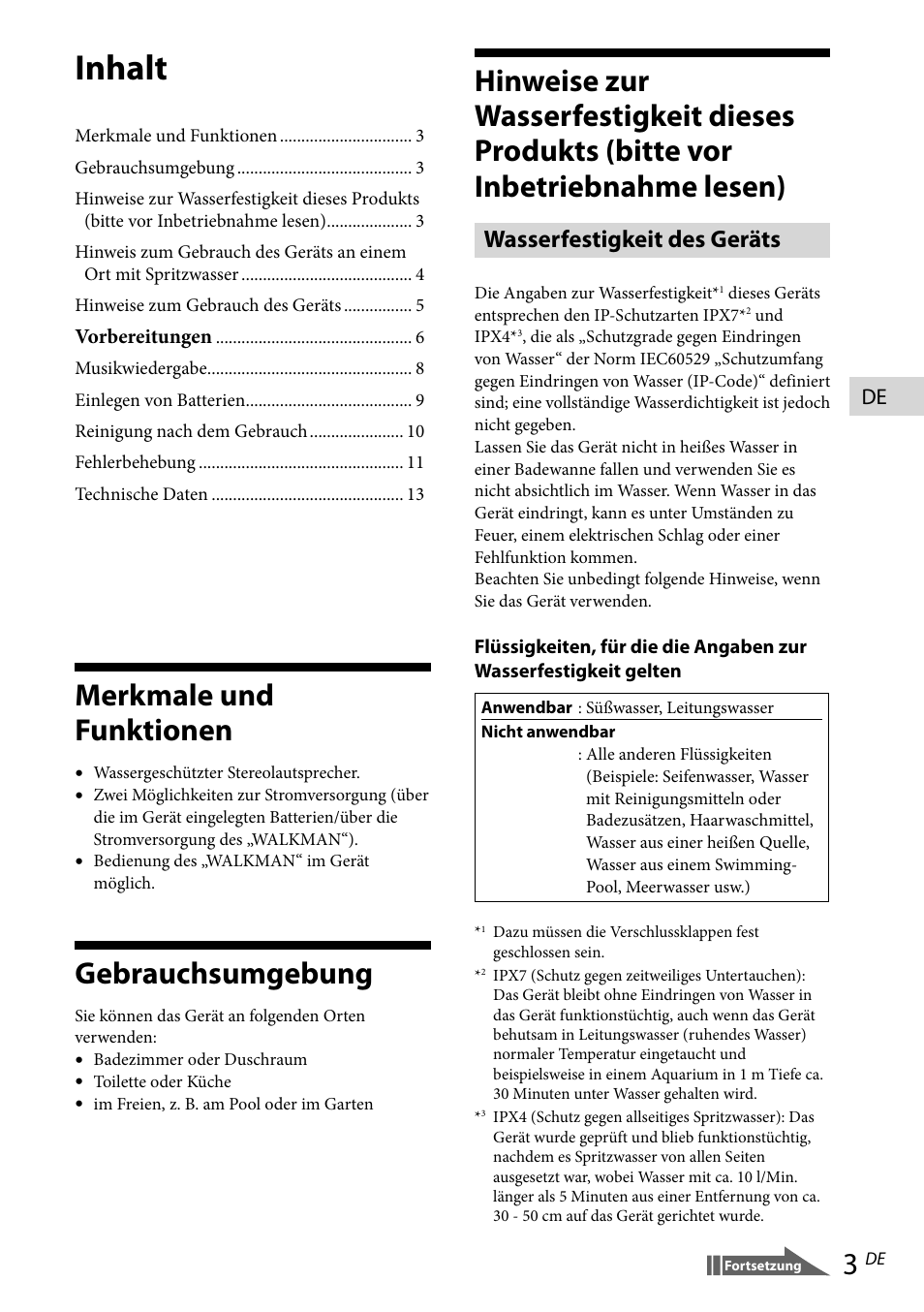 Merkmale und funktionen, Gebrauchsumgebung, Inhalt | Wasserfestigkeit des geräts | Sony RDP-NWR100 User Manual | Page 27 / 156