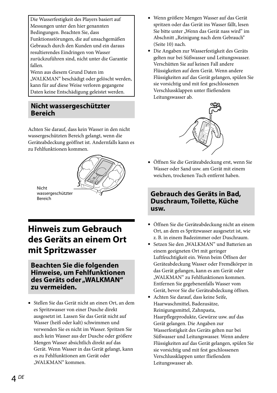 Hinweis zum gebrauch des geräts an einem, Ort mit spritzwasser, Nicht wassergeschützter bereich | Sony RDP-NWR100 User Manual | Page 28 / 156