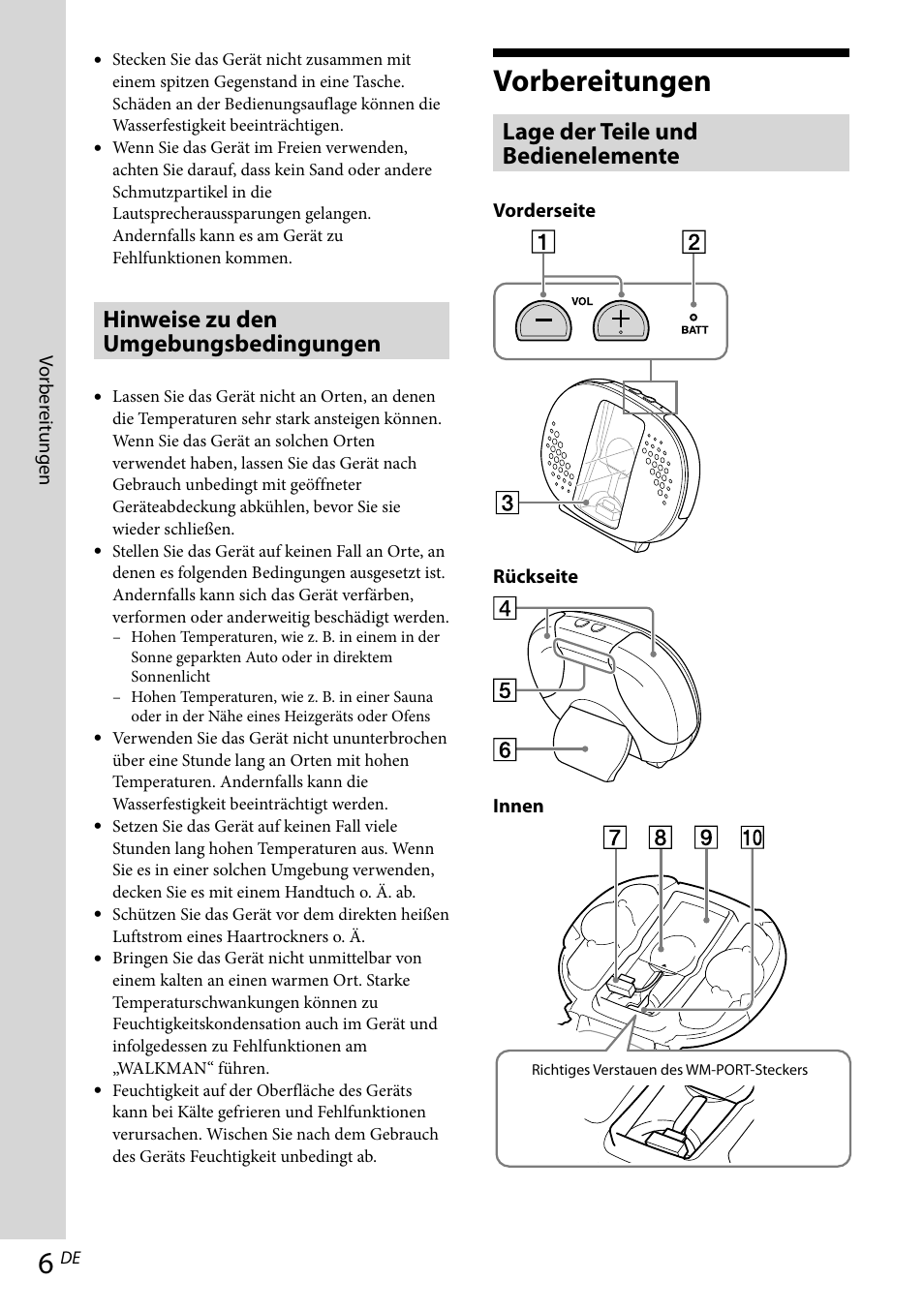 Vorbereitungen, Hinweise zu den umgebungsbedingungen, Lage der teile und bedienelemente | Sony RDP-NWR100 User Manual | Page 30 / 156