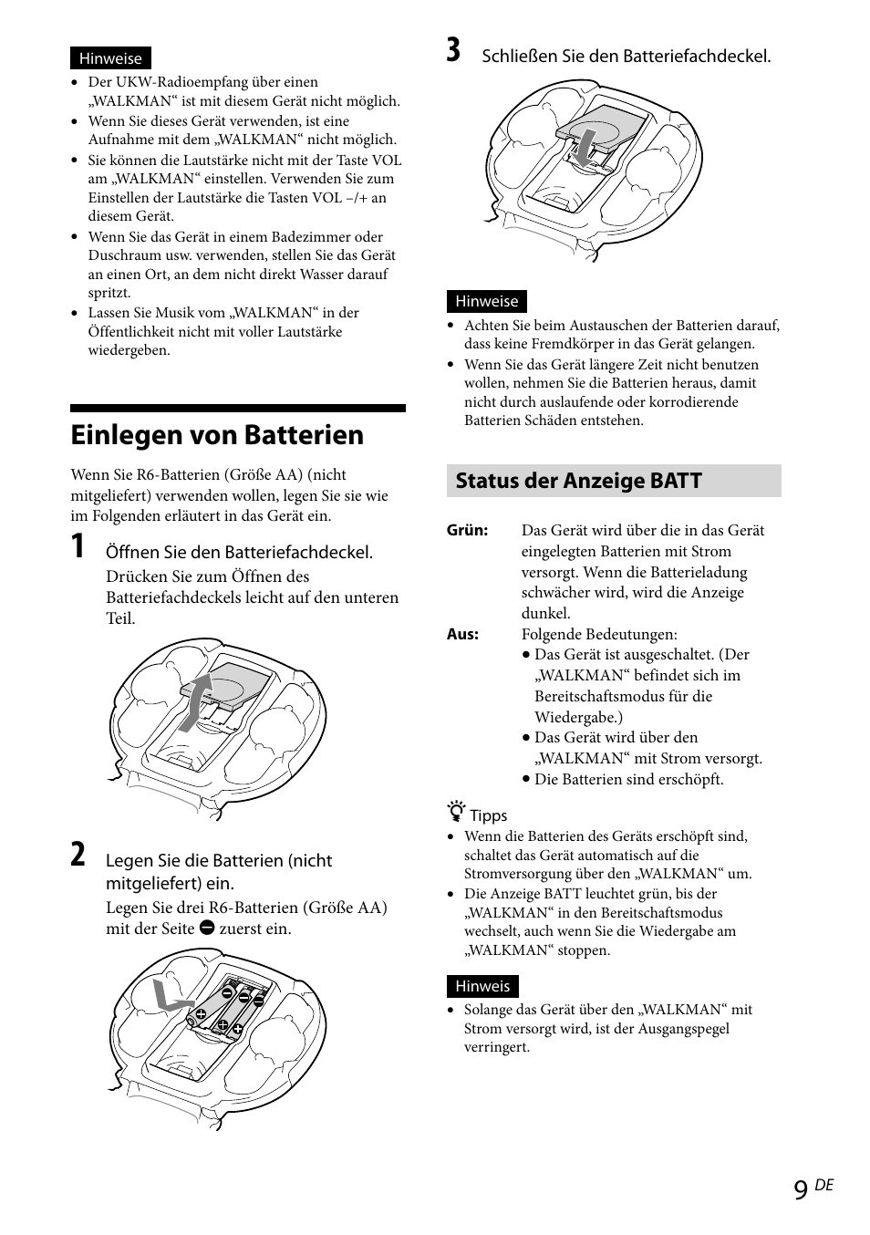 Einlegen von batterien, Status der anzeige batt | Sony RDP-NWR100 User Manual | Page 33 / 156