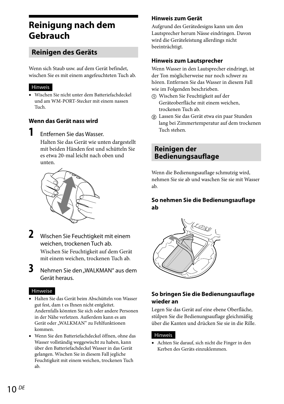 Reinigung nach dem gebrauch, Reinigen des geräts, Reinigen der bedienungsauflage | Sony RDP-NWR100 User Manual | Page 34 / 156