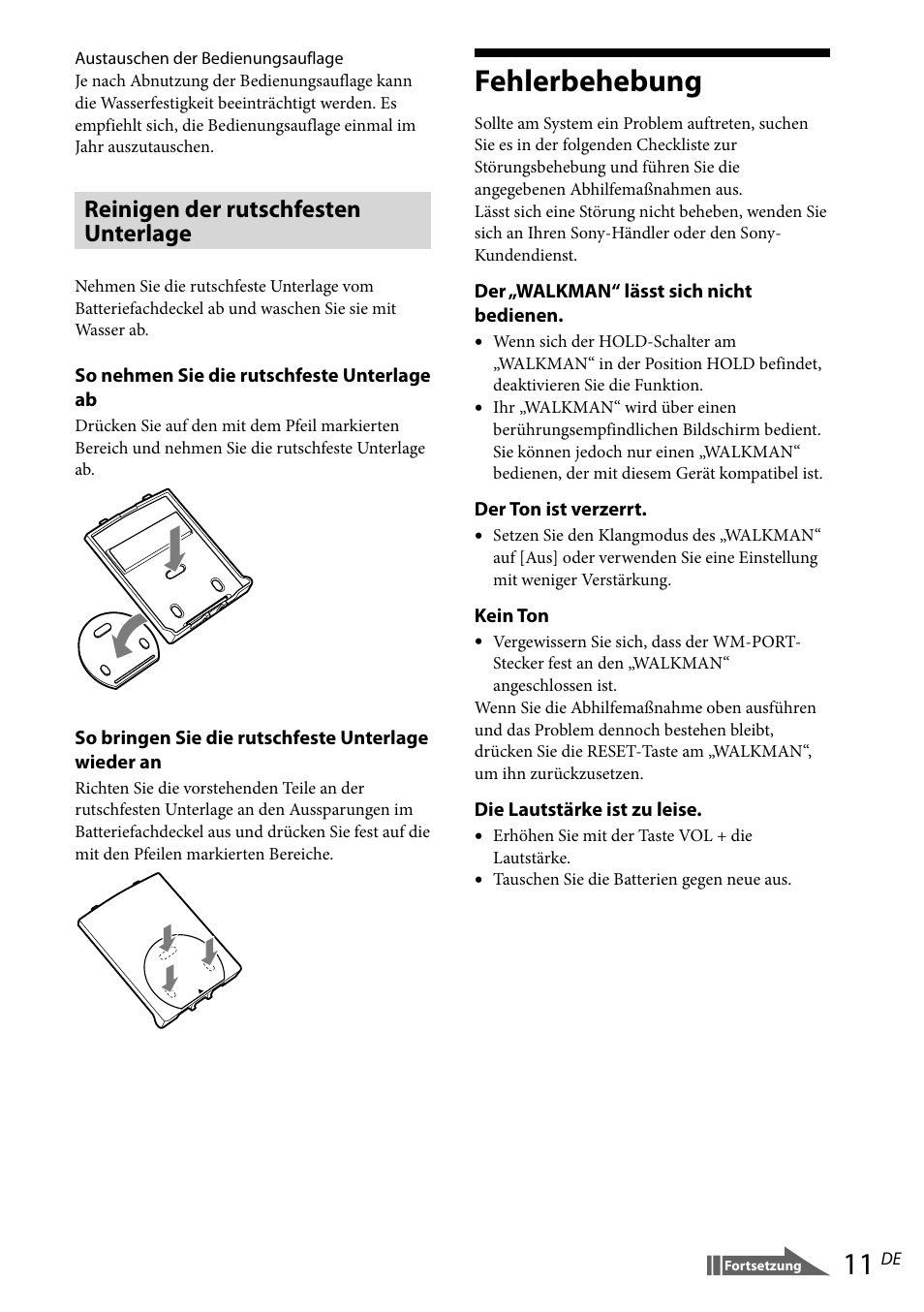 Fehlerbehebung, Reinigen der rutschfesten unterlage | Sony RDP-NWR100 User Manual | Page 35 / 156