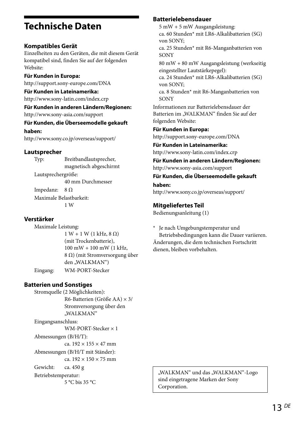 Technische daten | Sony RDP-NWR100 User Manual | Page 37 / 156