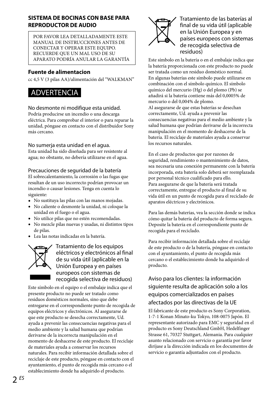 Advertencia | Sony RDP-NWR100 User Manual | Page 38 / 156