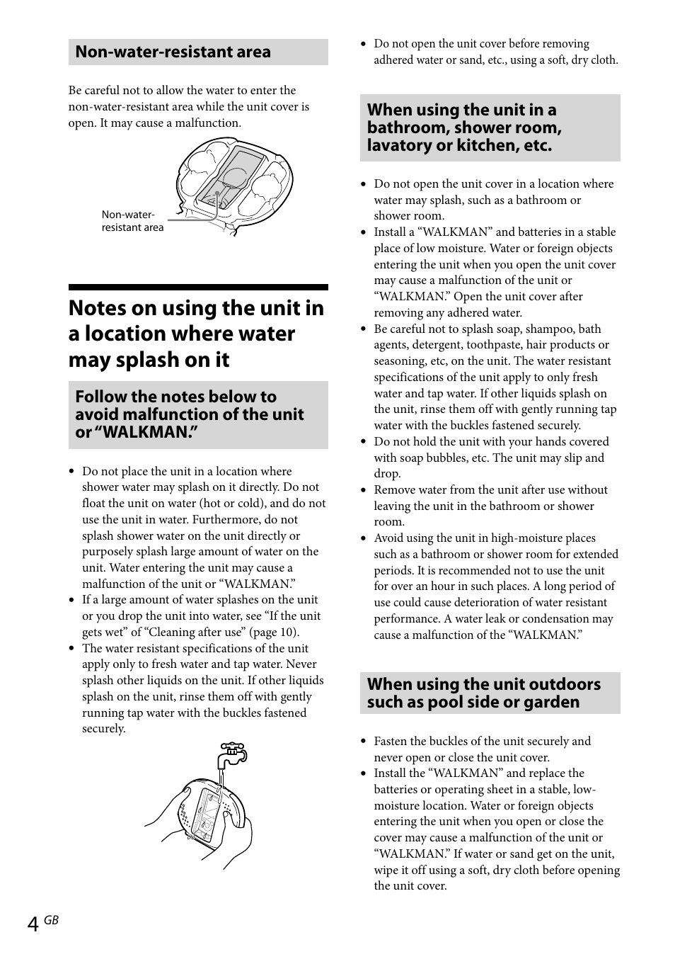 Notes on using the unit in a location where, Water may splash on it, Non-water-resistant area | Sony RDP-NWR100 User Manual | Page 4 / 156