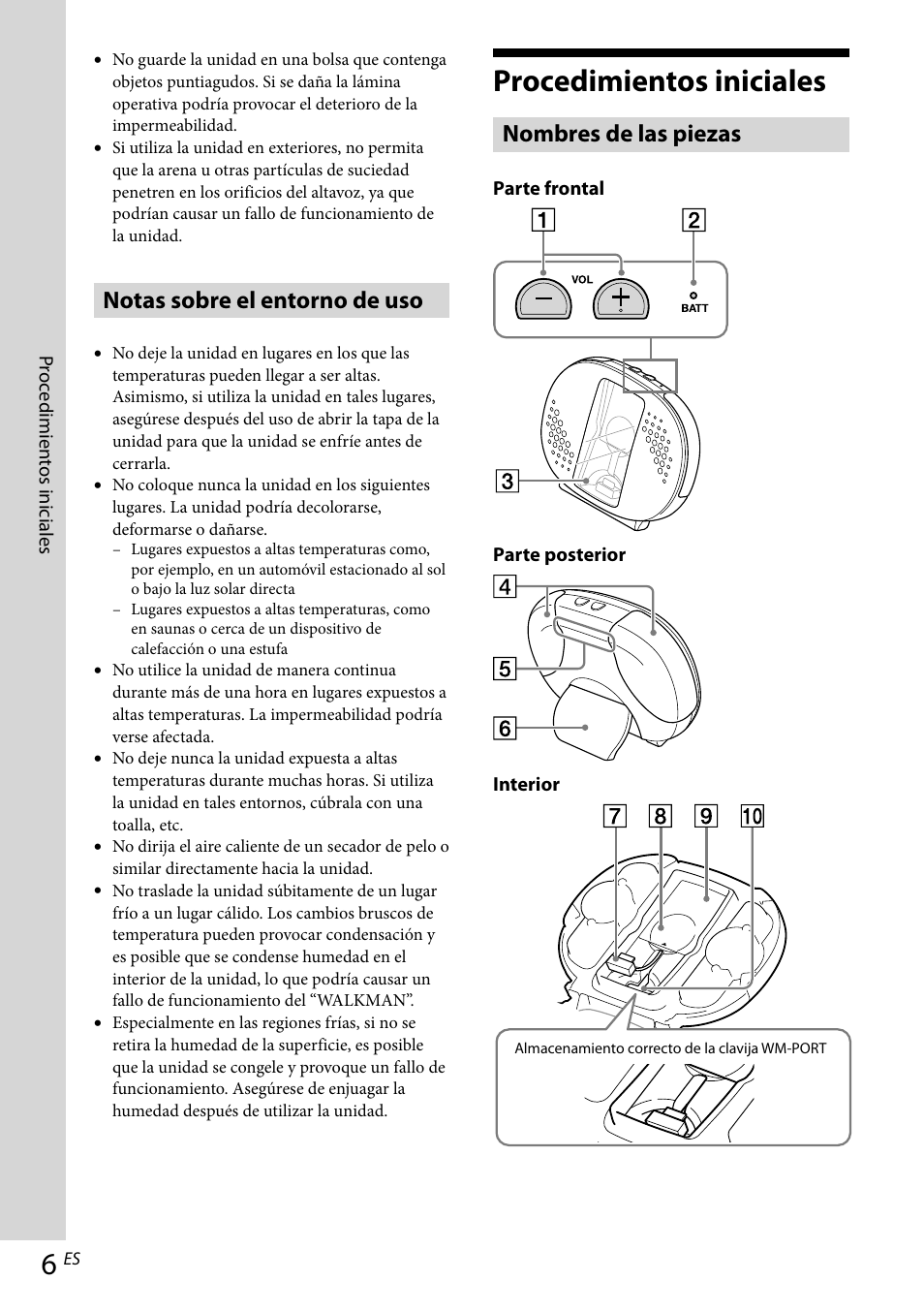 Procedimientos iniciales, Notas sobre el entorno de uso, Nombres de las piezas | Sony RDP-NWR100 User Manual | Page 42 / 156