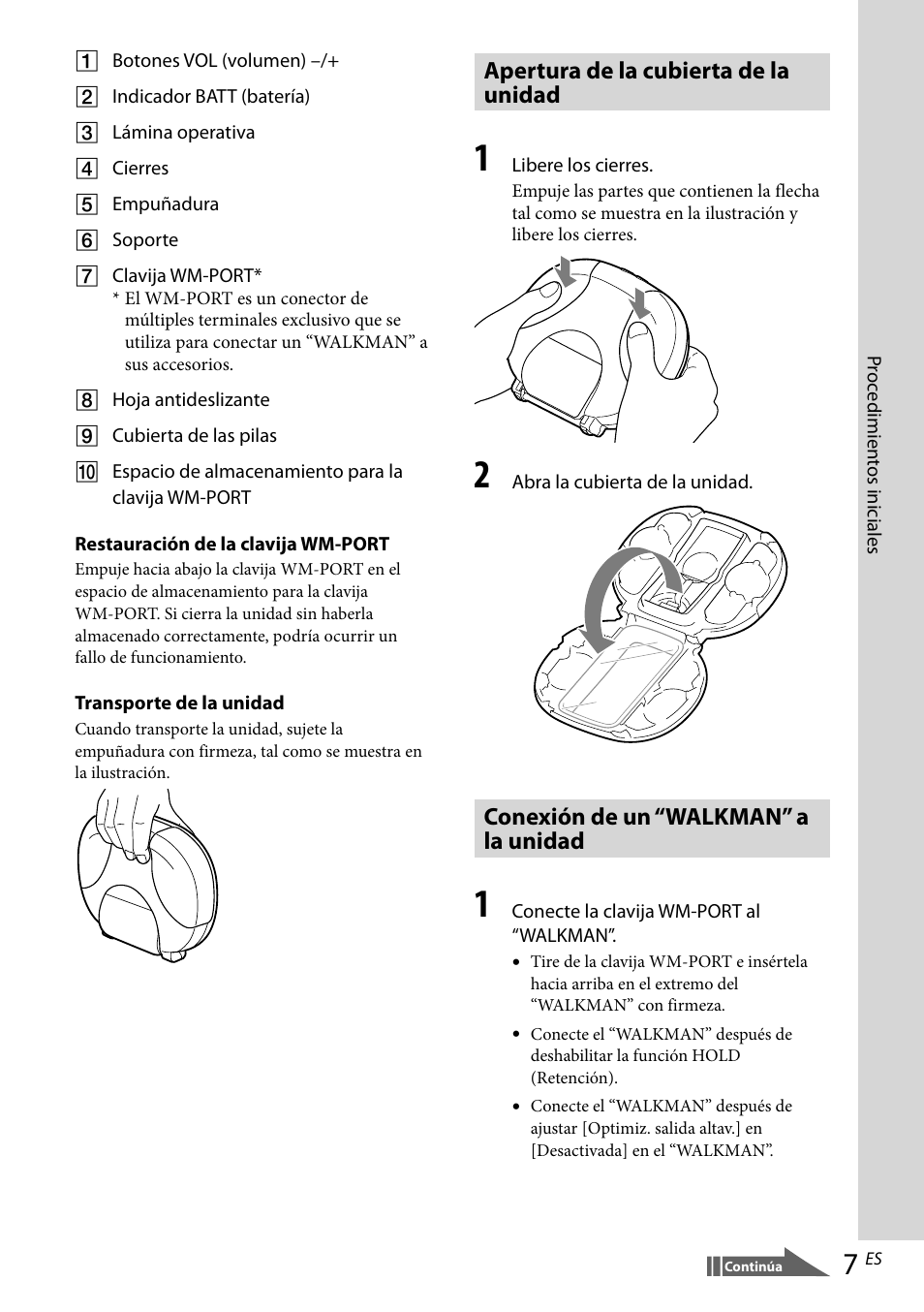 Apertura de la cubierta de la unidad, Conexión de un “walkman” a la unidad | Sony RDP-NWR100 User Manual | Page 43 / 156