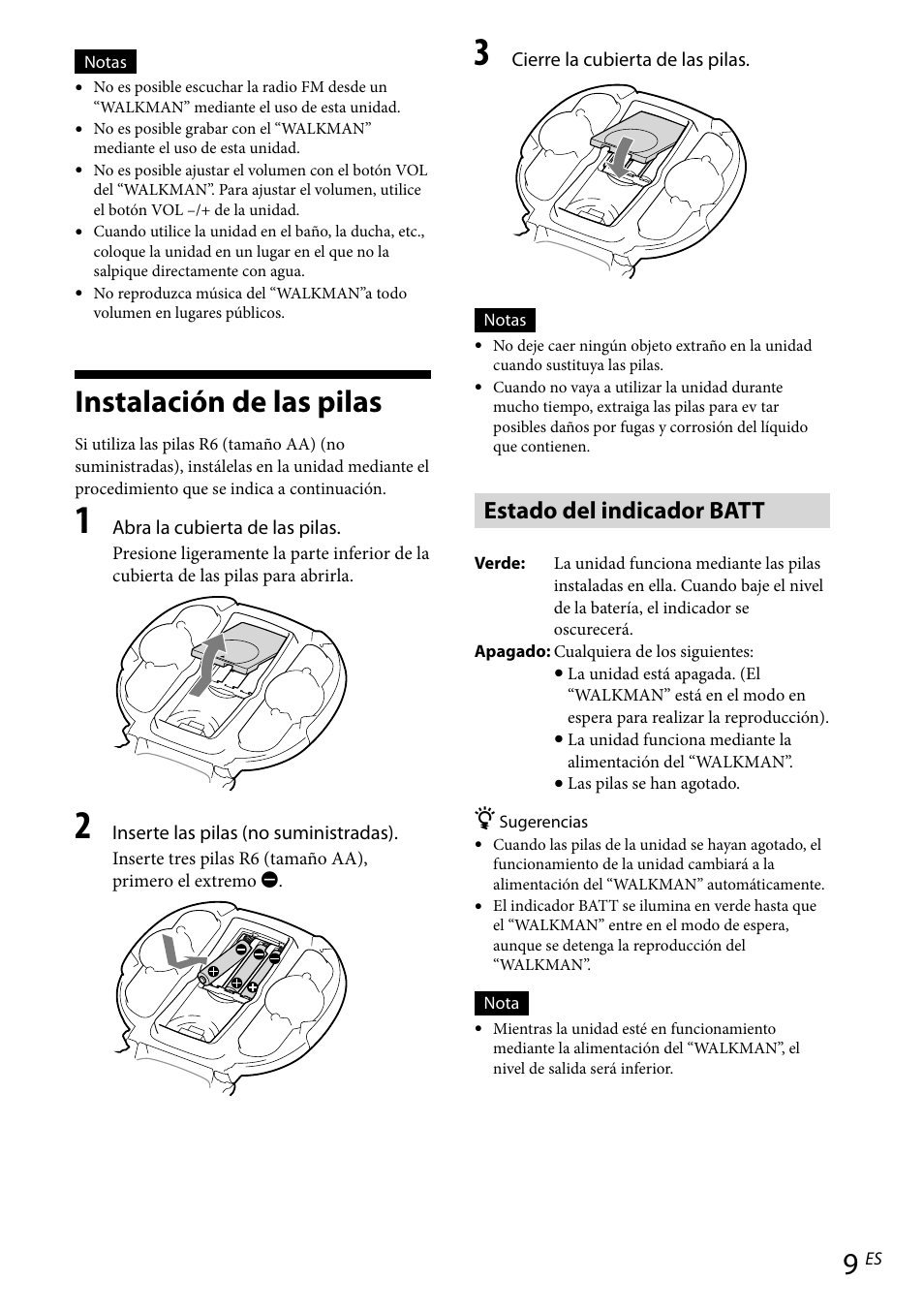 Instalación de las pilas, Estado del indicador batt | Sony RDP-NWR100 User Manual | Page 45 / 156