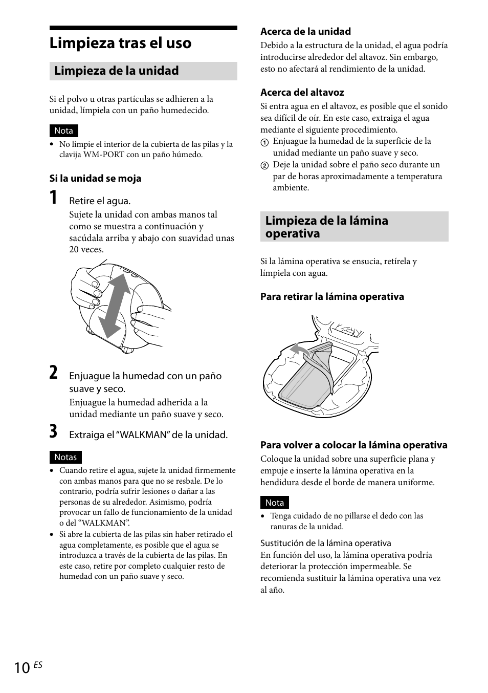 Limpieza tras el uso, Limpieza de la unidad, Limpieza de la lámina operativa | Sony RDP-NWR100 User Manual | Page 46 / 156