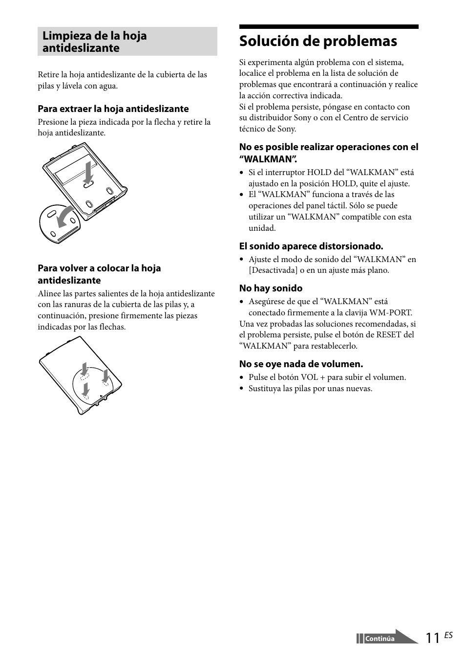 Solución de problemas, Limpieza de la hoja antideslizante | Sony RDP-NWR100 User Manual | Page 47 / 156