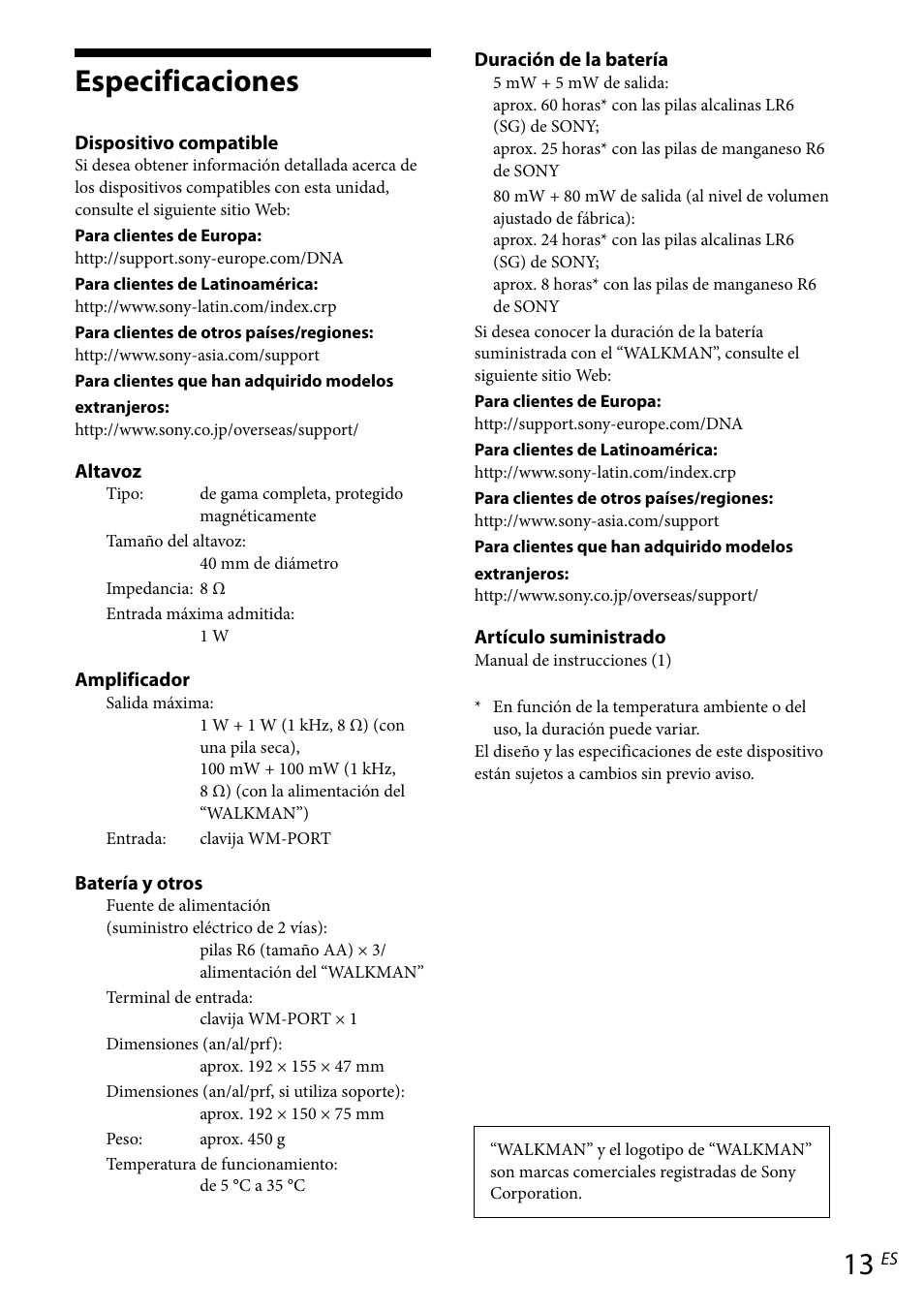 Especificaciones | Sony RDP-NWR100 User Manual | Page 49 / 156