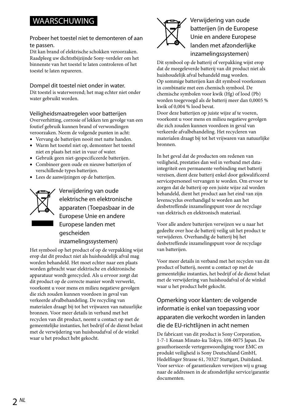 Waarschuwing | Sony RDP-NWR100 User Manual | Page 50 / 156