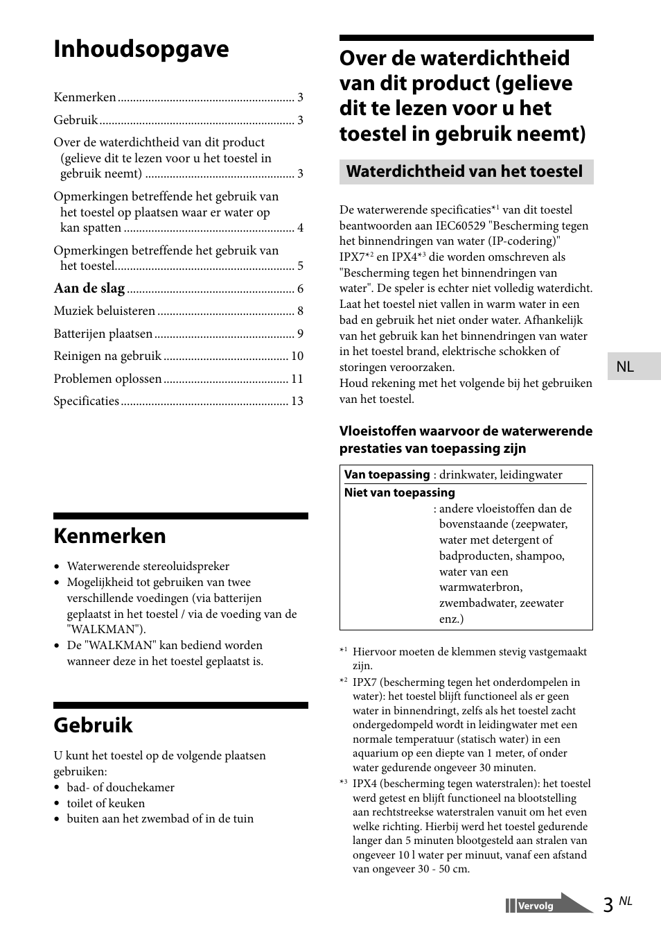 Kenmerken, Gebruik, Inhoudsopgave | Waterdichtheid van het toestel | Sony RDP-NWR100 User Manual | Page 51 / 156