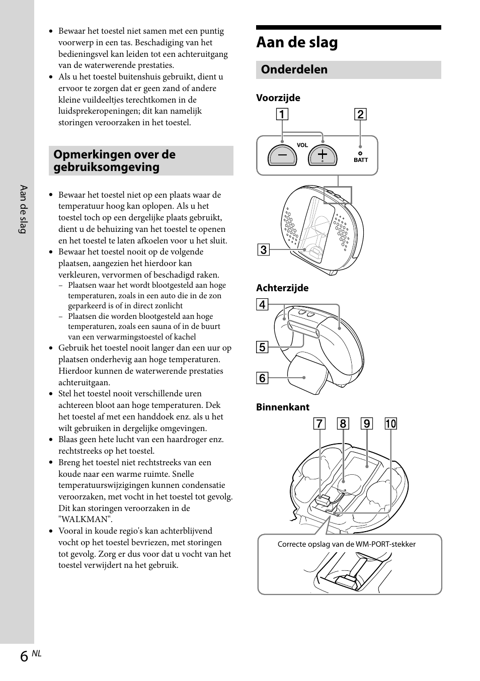 Aan de slag, Opmerkingen over de gebruiksomgeving, Onderdelen | Sony RDP-NWR100 User Manual | Page 54 / 156