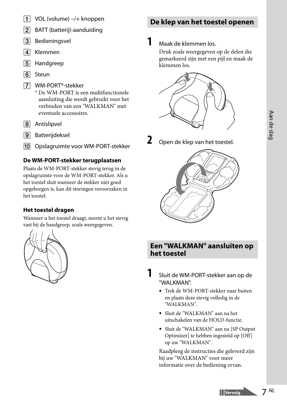 De klep van het toestel openen, Een "walkman" aansluiten op het toestel | Sony RDP-NWR100 User Manual | Page 55 / 156