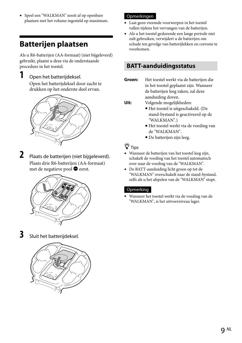 Batterijen plaatsen, Batt-aanduidingsstatus | Sony RDP-NWR100 User Manual | Page 57 / 156