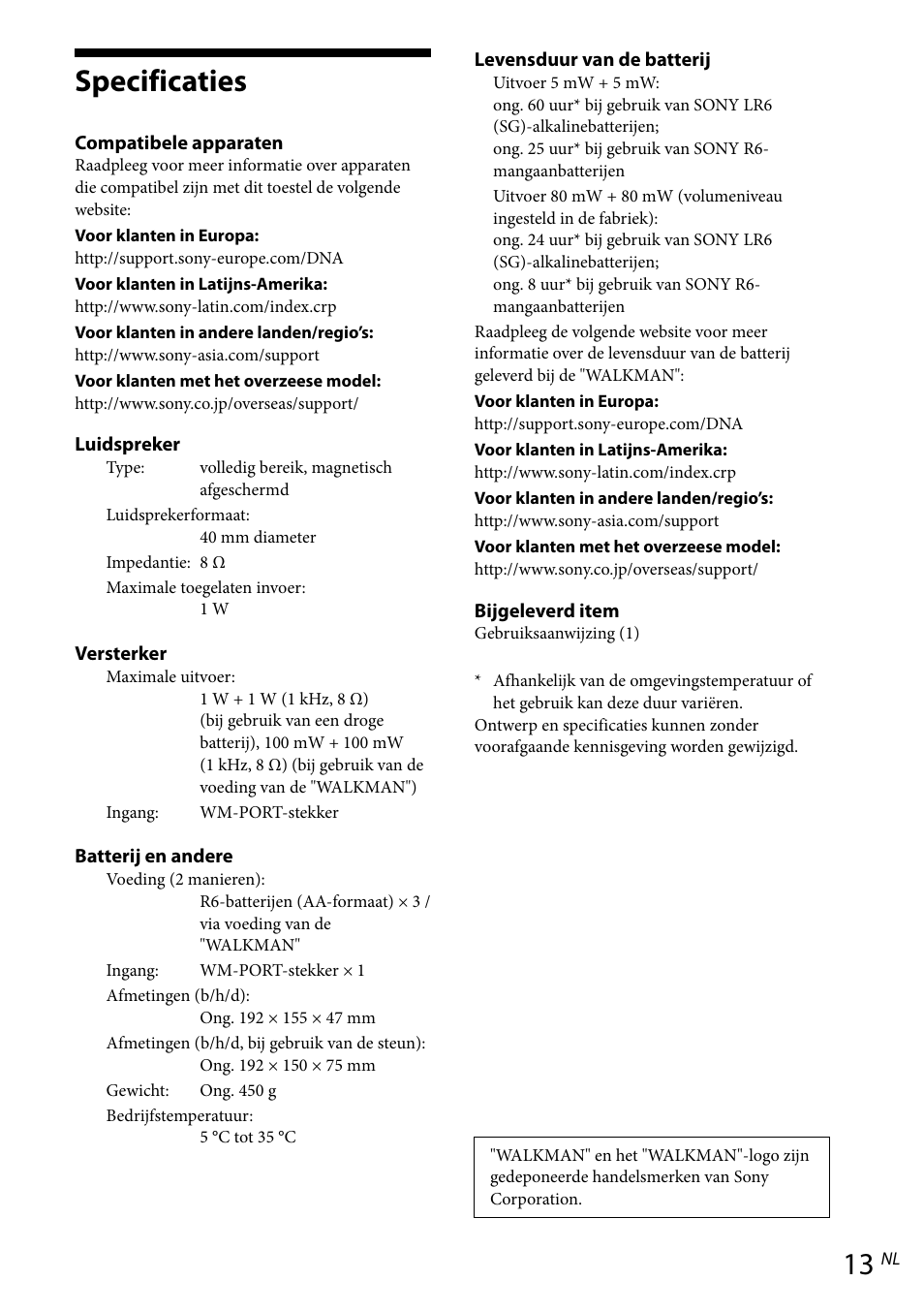 Specificaties | Sony RDP-NWR100 User Manual | Page 61 / 156