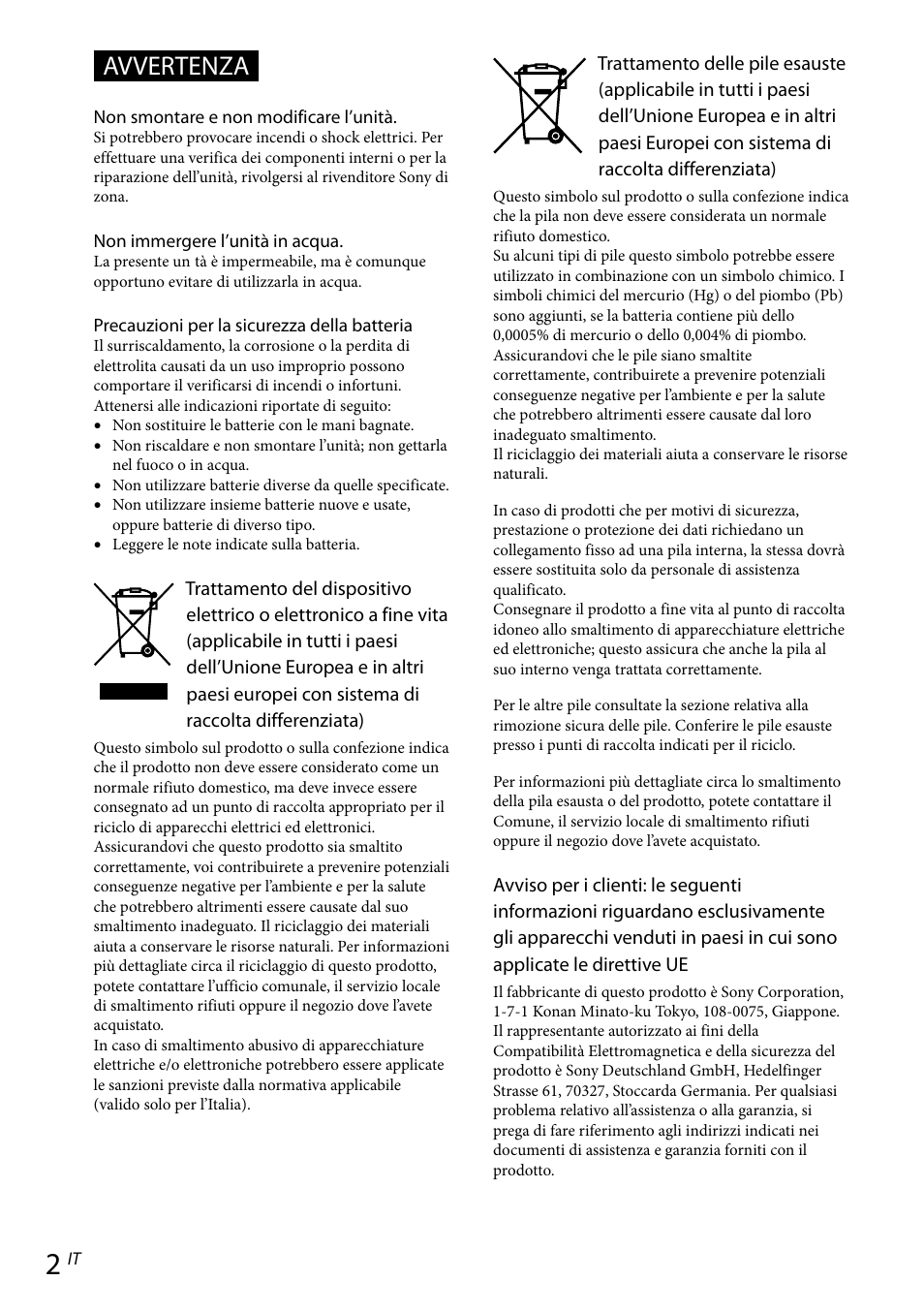 Avvertenza | Sony RDP-NWR100 User Manual | Page 62 / 156