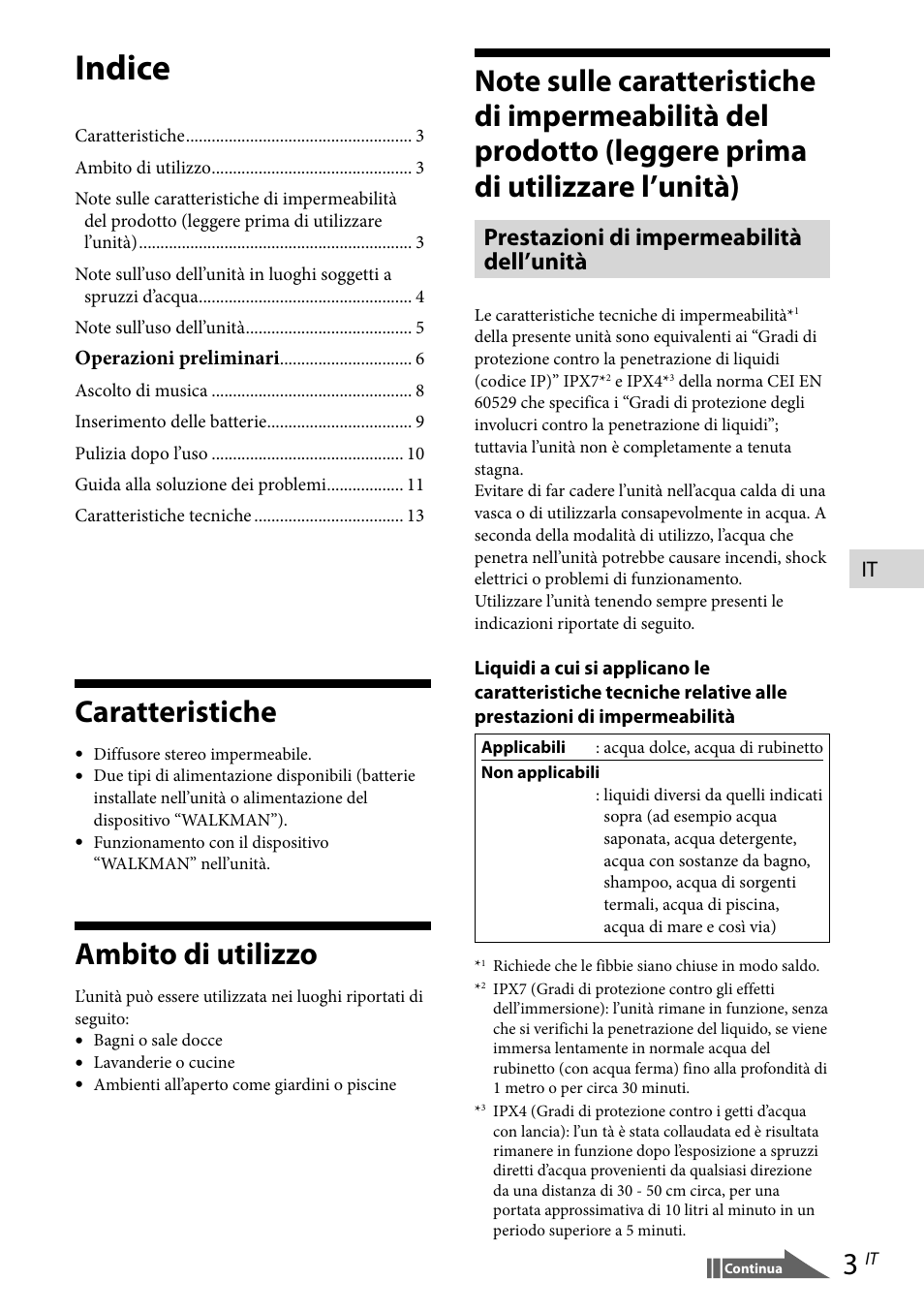 Caratteristiche, Ambito di utilizzo, Indice | Prestazioni di impermeabilità dell’unità | Sony RDP-NWR100 User Manual | Page 63 / 156