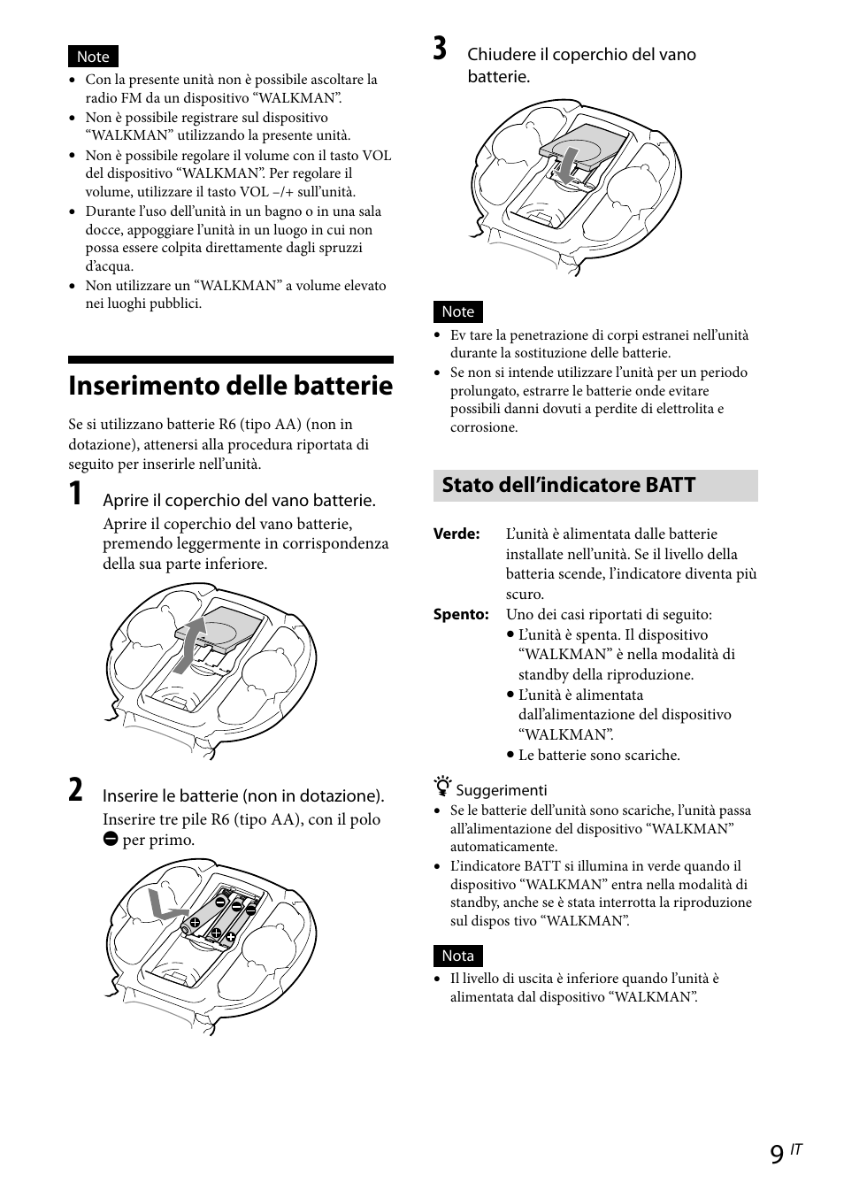Inserimento delle batterie, Stato dell’indicatore batt | Sony RDP-NWR100 User Manual | Page 69 / 156