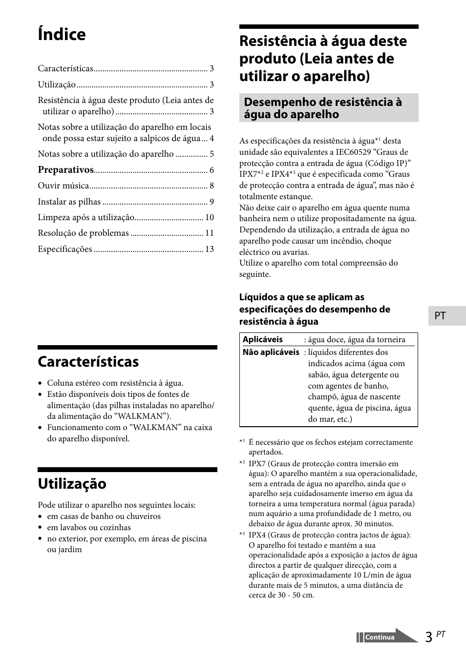 Características, Utilização, Índice | Desempenho de resistência à água do aparelho | Sony RDP-NWR100 User Manual | Page 75 / 156