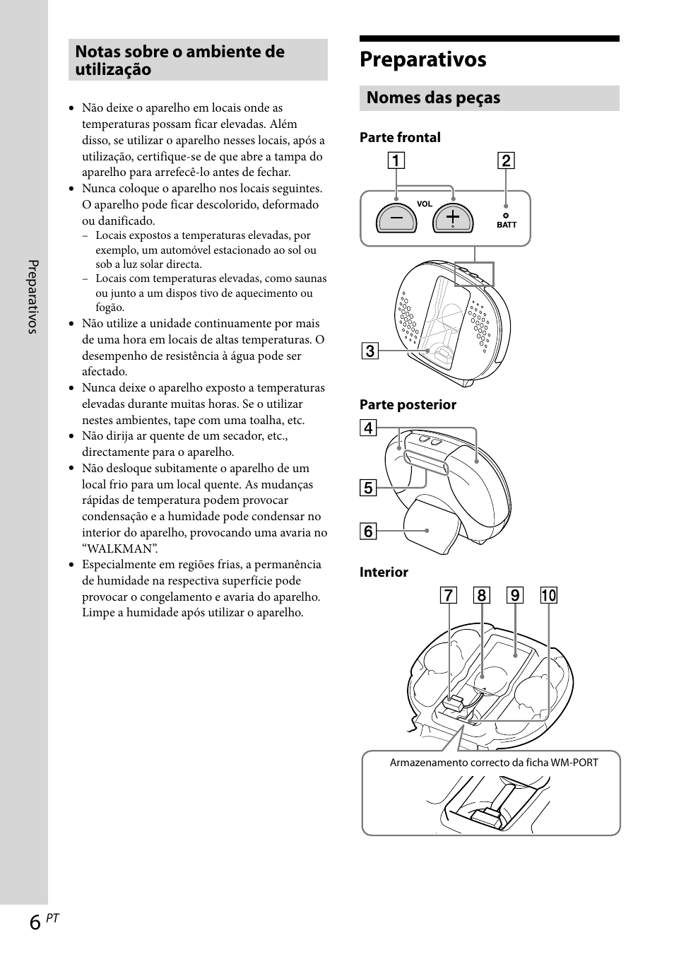 Preparativos, Notas sobre o ambiente de utilização, Nomes das peças | Sony RDP-NWR100 User Manual | Page 78 / 156