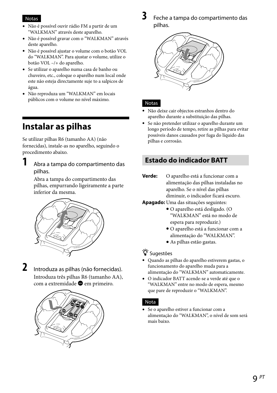 Instalar as pilhas, Estado do indicador batt | Sony RDP-NWR100 User Manual | Page 81 / 156