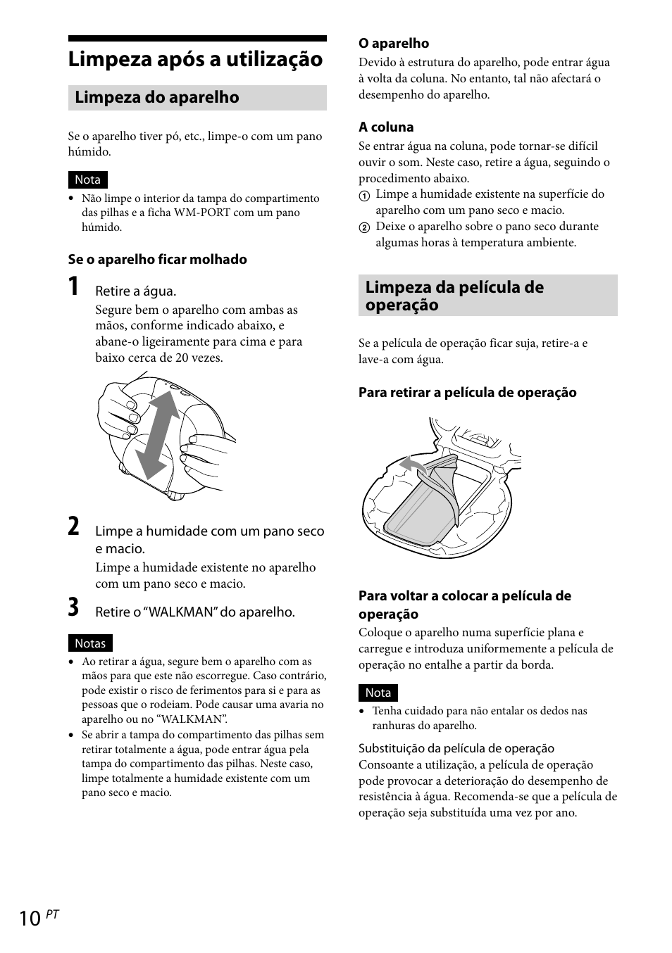 Limpeza após a utilização, Limpeza do aparelho, Limpeza da película de operação | Sony RDP-NWR100 User Manual | Page 82 / 156